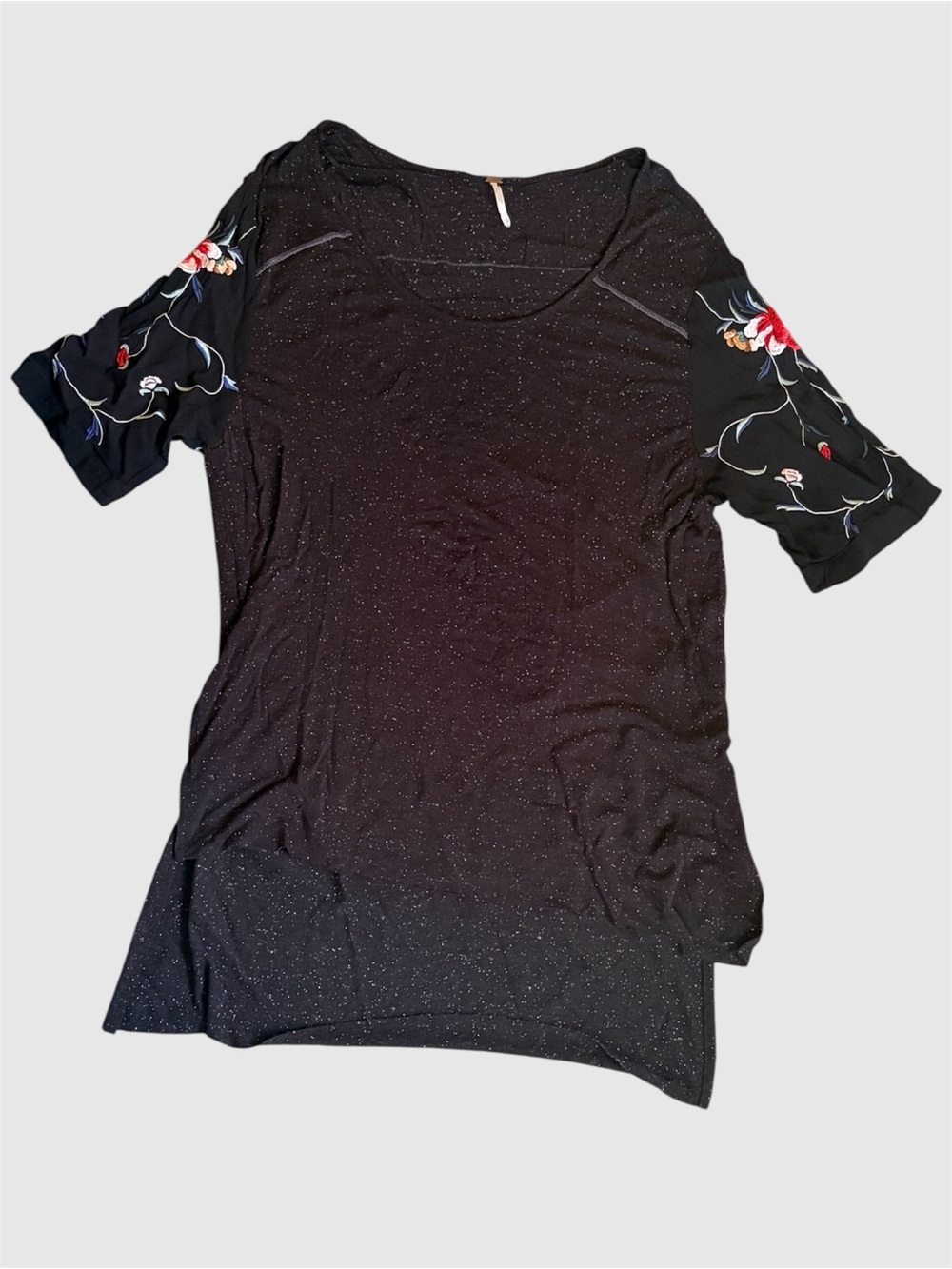 Free People Black Flecked Floral Embroidered Sleeve High Low Tunic XS Relaxed
